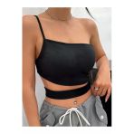 Asimetrik Yaka Siyah Renk Desensiz Çapraz Kesim Fitilli Kısa Kollu Likralı Fit Crop Top Bluz