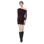 Asimetrik Yaka Uzun Kollu Slim Fit Çiçekli Drapeli Mini Tül Elbise