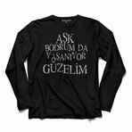 Aşk Bodrumda Yaşanıyor Güzelim Bodrum Tatil Uzun Kollu Tişört Baskılı Çocuk T-Shirt Siyah