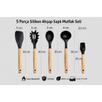 Aşkana 5 Parça Ahşap Saplı Silikon Mutfak Servis Seti-Yanmaz Yapışmaz Kepçe Spatula Kaşık Fırça-Asorti Renkler - Siyah