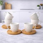 Aşkana 6 Kişilik Porselen Türk Kahvesi Fincan Takımı, Bambu Tabaklı Premium Kahve Seti,Çiçek Desen - Beyaz