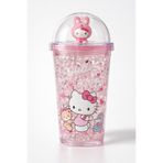 Aşkana Sevimli Hello Kitty Kristal Figürlü Cam Bardak,450 ml, Kız Çocuk Özel Tasarım Pipetli Plastik Suluk,Matara