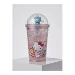 Aşkana Sevimli Hello Kitty Kristal Figürlü Cam Bardak,450 Ml, Kız Çocuk Özel Tasarım Pipetli Plastik Suluk,Matara,Model2