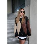 Askı Nişantaşı Kahverengi Oversize Triko Kadın Kazak Uzun Kol Baklava Desen Günlük Stil - 2XL