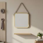 Askılı Ahşap Çerçeveli Kare Ayna 32x42 cm – Deri Askılı Duvar Aynası, Modern Minimal Dekoratif Ayna, Antre Banyo Yatak Odası İçin