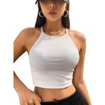 Askılı Halter Yaka Yüzücü Sırtlı Beyaz Renk Fitilli Crop Top Bluz (Beyaz, M)