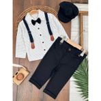 Askılı Şapkalı Papyonlu Gabardin Pantolon Keten Gömlek 5li Erkek Bebek Takım - Lacivert - Beyaz - 6 - 9 Ay