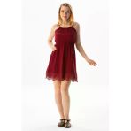 Askılı Şile Bezi Örgülü Mini Yazlık Elbise Bordo Brd M Bordo