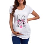 Askwho Kadın Maternity tişört, paskalya, kadın, hamile modası, kısa kollu, yuvarlak yaka, tavşan, grafik, büzgülü yanlar, tişört, üst giyim, hamilelik, tunik, bluz, siyah çizgili tişört, Beyaz, L