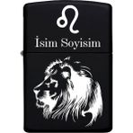 Aslan Burcu Desenli Kişiye Özel Burç Isimli Benzinli Siyah Metal Çakmak