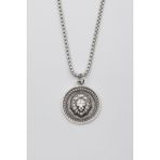Aslan Madalyon Kolye - Örme Zincirli Unisex Gümüş Kaplama Kolye - 60 Cm