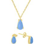 Aslı Gold Su Damlası Mavi Taşlı Kolye Küpe Takım (TKM0039)