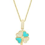 Aslı Gold Taşlı Model Turkuaz Mineli Altın Yonca Kolye (KLY1457)