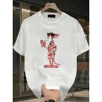 Asmedo Erkek Bisiklet Yaka T-Shirt Pembe Panter Baskılı Kısa Kollu Tişört - Beyaz