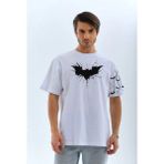 Asmedo Erkek Bisiklet Yaka Tişort Ön ve Kol Yarasa Baskılı T-Shirt - Beyaz