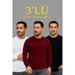 Asmedo Erkek Fitilli Triko Bisiklet Yaka Kalın Kazak 3'lü Set Beyaz-Bordo-Siyah - Siyah - Beyaz - Bordo - XL