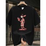 Asmedo Erkek T-Shirt Pembe Panter Baskılı Kısa Kollu Tişört - Siyah - 2XL