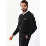 Asmedo Erkek V Yaka Kazak Baskılı Dokuma Triko - Siyah - XL
