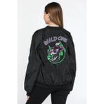 Asmedo Kadın Wild One Baskılı Bomber Mont Siyah Oversize Kalıp Fermuarlı Cepli Kapitone - Siyah - XL