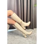 Asmi Shoes Kadın Lara Yandan Fermuarlı Krem Diz Altı Çizme Suni Deri Kalın Topuklu
