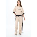 Asortix Kız Çocuk %100 Pamuk Oversize Yarım Kol Alt-Üst Eşofman TAKIM-AÜT-0018 - 11 - 12 Yaş - Bej