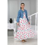 Asortix Kız Çocuk Kot Bolerolu Astarlı Puantiyeli Uzun ELBISE-ELB-0029 - Kırmızı - 10 - 11 Yaş