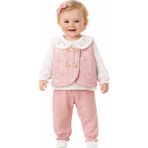 Aspo Baby Kids Kız Bebek Yakalı 3’lü Takım %100 Pamuk Body Kapitone Yelek ve Pantolon - 12 -18 Ay - Pembe