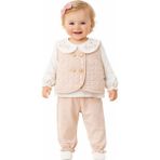 Aspo Baby Kids Kız Bebek Yakalı 3’lü Takım %100 Pamuk Body Kapitone Yelek ve Pantolon - 6 - 9 Ay - Bej
