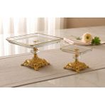 Assa Bazaar Gold Detaylı 2 Parça Cam Pasta Sunum Seti | Ayaklı Servis ve Sunumluk - Şeffaf - Gold