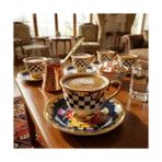 Asseds Store 6 Kişilik Porselen Türk Kahvesi Fincan Takımı - Siyah Beyaz Damalı, Yaldızlı ve Renkli Çiçek Desenli Tabaklı 12 Parça Lüks Sunum Seti - 001-Renkli