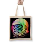 Astronot Cat Kedi Bez Çanta Uzun Saplı - Açık Bej - 40 X 40