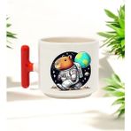 Astronot Kapibara Tasarımlı Kırmızı T Kulplu Seramik Baskılı Kupa Bardak 250 ml - 010 - Beyaz