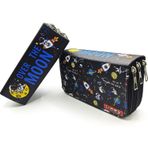 Astronot Moon Galaksi Kalem Kutusu Kawai Organizer Kalemkutu Vegan Deri Üç Bölmeli Kalemlik-Siyah