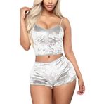 Asudaro Kadın seksi kadife pijama seti, iki parçalı gecelik, iç çamaşırı, V yaka, kısa kollu, pijama takımı, ev kıyafeti, salon kıyafeti, Gümüş Beyaz-1, XL