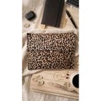 Asus Deri -Hakiki Deri Animal Print Tasarım Düğmeli Tablet Çantası - Leopar Desenli Portföy - Kahverengi