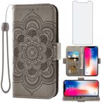 Asuwish iPhone Xs X 10 10s Cüzdan Kılıf ve Temperli Cam Ekran Koruyucu Kapaklı Kılıf Kart Tutucu Cep Telefonu Kılıfları iPhoneX iPhoneXs iPhone10 i PhoneX SX 10x 10xs X Kadın Erkek Gri