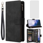 Asuwish OnePlus 7 Pro için cep telefonu kılıfı, folyo koruyucu folyo ve kart bölmeli, katlanabilir, deri cüzdan, ayaklı, fermuarlı, 7Pro GM1913 koruyucu cam, cep telefonu kılıfı, koruyucu kılıf, siyah