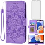 Asuwish Samsung Galaxy A14 5G için Telefon Kılıfı Temperli Cam Ekran Koruyucu ve Deri Kapaklı Kredi Kartı Tutucu Standı Çiçek Folyo Hücre Aksesuarları A 14 4G 14A G5 Kadın Erkek Mor