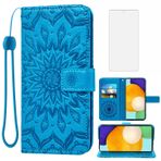 Asuwish Samsung Galaxy A52 5G/4G için Telefon Kılıfı Temperli Cam Ekran Koruyucu ve Deri İnce Kapaklı Kapak Kart Tutucu Standı Hücre Aksesuarları Glaxay A 52 G5 Gaxaly 52A S52 Kadın Erkek Mavi