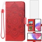 Asuwish Samsung Galaxy A53 5G 2022 Cüzdan Kılıf ve Temperli Cam Ekran Koruyucu Flip Kart Tutucu Cep Aksesuarları Telefon Kılıfı Gaxaly A53 G5 Galaxies 53A SM A536U Kadın Erkek Kırmızı