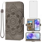 Asuwish Samsung Galaxy A55 5G için Telefon Kılıfı Temperli Camlı Ekran Koruyucu ve Deri Kapaklı Kredi Kartı Tutucu Standı Çiçek Folyo TPU Cep Aksesuarları A 55 55A A555G Kadın Erkek Gri