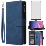 Asuwish Samsung Galaxy S10 Cüzdan Kılıfı ve Temperli Cam Ekran Koruyucu Kapaklı Kılıf Kart Tutucu Cep Aksesuarları Telefon Kılıfları Glaxay S 10 Edge Gaxaly 10S GS10 X10 Kadın Erkek Mavi