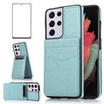 Asuwish Samsung Galaxy S21 Ultra Glaxay S21ultra 5G için Telefon Kılıfı Temperli Cam Ekran Koruyucu ve Kredi Kartı Tutucu Cüzdan Kapak Standı Deri Cep Gaxaly 21S S 21 21ultra G5 Kılıfları Kadın Erkek Yeşil