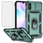 Asuwish Xiaomi Redmi 9A/9AT için cep telefonu kılıfı, cam folyolu, zırhlı folyo, koruyucu folyo, kamera koruması, sürgülü ve manyetik halka standı, Redmi9A A9 AT9 9i Sport M2006C3LG ince kılıflar koyu