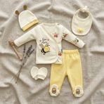 Asyaden Baby Kız Bebek Erkek Bebek %100 Pamuk Arı Desenli Yenidoğan Zıbın 5 Parça Hastane Çıkış Seti - 0 - 3 Ay - Sarı