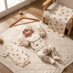 Asyaden Baby Kız Bebek Erkek Bebek Safari Desenli Pamuklu Çıtçıtlı 0-3 Ay 7li Zıbın Set Yenidoğan Hastane Çıkışı - 0 - 3 Ay - Krem