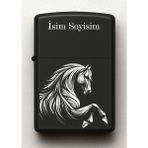 At Horse Desenli Kişiye Özel Isimli Siyah Benzinli Metal Çakmak