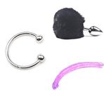 At Nalı Penis Başı Halkası 30 mm + Kabarık Tavşan Kuyruğu Anal Tıkaç Siyah + Devasa Çift Uçlu Dildo 450 mm