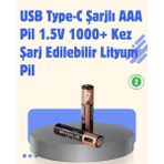Ata Store USB Type-C Şarjlı Aaa Lityum Pil 1000+ Şarj Döngüsü ile Uzun Ömür - Lisinya - 1 Adet