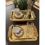 Atabey Home Collection 2 Adet Kahve & Çay & Sunum Tepsisi Uzun Gold Güllü Tepsi 30 Cm